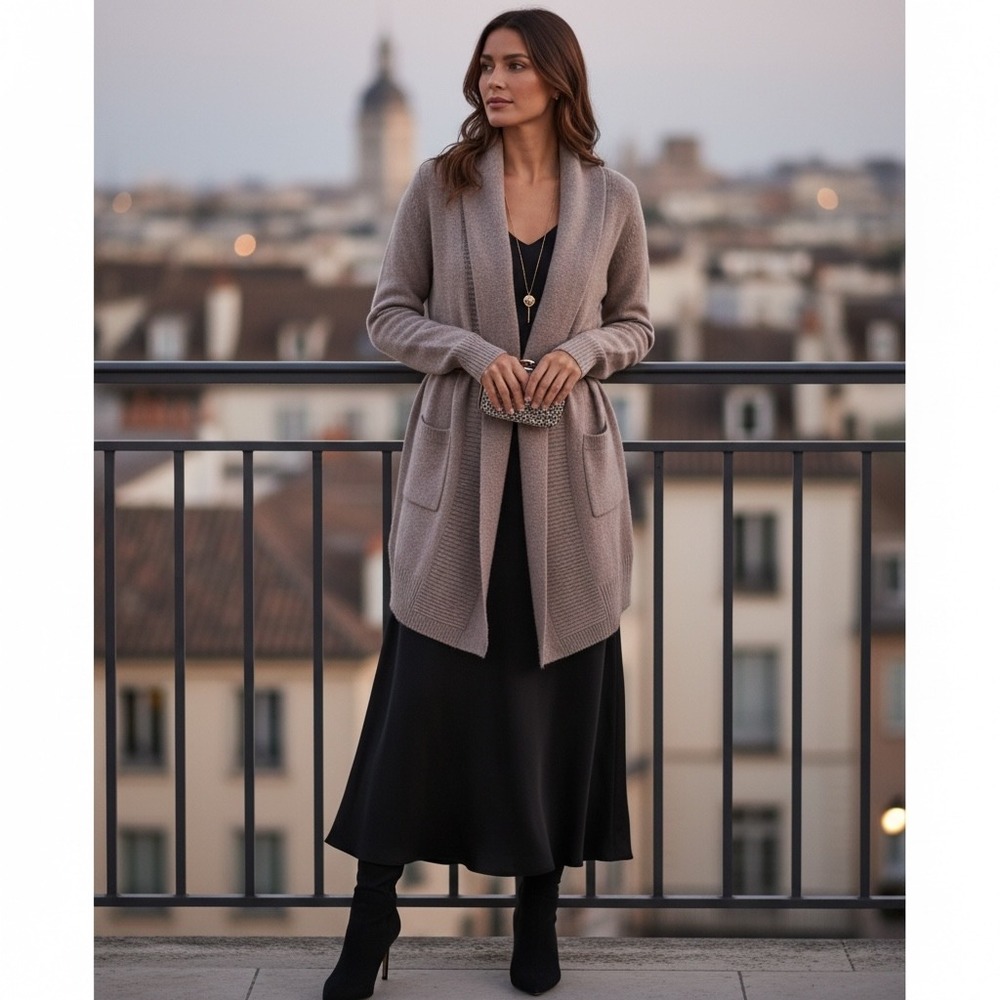 Ellen Tracy Taupe Open-Front Pocket Cardigan